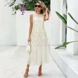 French Style Sleeveless Midi Dress Embroidered Jacquard Pleated Design Unique Aesthetic Summer F