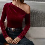 Velvet Off Shoulder Top Slim Fit Long Sleeve Solid Color Elegant for Parties and Events Wholesal