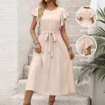 Casual Solid Color A Line Dress Flutter Sleeves Round Neck Tie Waist Perfect for Vacation or Sum