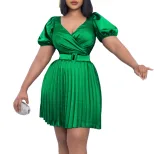Summer Womens Dress V Neck Pleated Waist Defined Elegant Casual Style for Parties or Events Whol