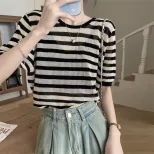 Womens Summer Casual T Shirt Cross Back Design Loose Fit Round Neck Knit Top Available in Black and Khaki Wholesale