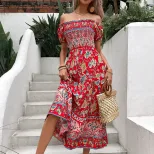 Vintage Bohemian Off Shoulder Printed Dress Summer Vacation Style Lightweight Fabric Comfortable