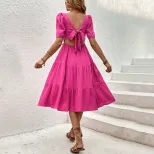 Summer Womens Dress Fitted A Line Silhouette Square Neck Lightweight Fabric Available in Red Wholesale