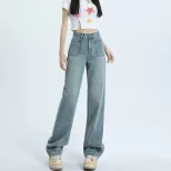 美式直筒牛仔裤女春秋设计口袋休闲阔腿长裤小个子梨形身材拖地裤