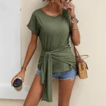 Womens V Neck Short Sleeve T Shirt Fashionable Solid Color Casual Wear for Summer Wholesale Avai