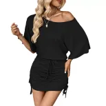 Batwing Sleeve Solid Color Dress Simple Design Pleated Detail Elegant Style Perfect for Parties