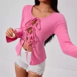 Womens Sexy Tie Front Cardigan T Shirt Elegant Design Spring Summer Style Vivid Fuchsia Color Wh