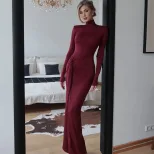 High Neck Long Sleeve Color Block Dress Slim Fit Waist Tie Elegant Style Autumn Winter Fashion f