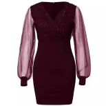 V Neck Sequin Dress Sheer Mesh Slim Fit Elegant Style Perfect for Parties and Special Occasions