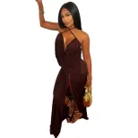 Chic Womens Dress Solid Color Asymmetrical Hem Deep V Neck Halter Neck Bodycon Style Perfect for