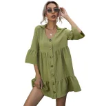 Loose Fit Solid Color Doll Dress Short Sleeve Lapel Design Casual Style Perfect for Spring and S
