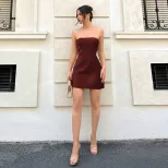 Satin Bodycon Dress Solid Color Off Shoulder Backless Slim Fit Evening Party Wear Wholesale Avai