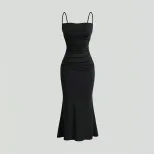 High Waist Bodycon Maxi Dress Adjustable Spaghetti Straps Tie Detail Mermaid Hem Spring Fashion