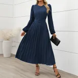 Elegant Long Sleeve Pleated Dress in Dark Green and Navy Blue for Autumn Office Wear Wholesale Low MOQ