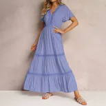 Elegant V Neck Ruffle Sleeve Dress Solid Color Lace Trim Chic Design Perfect for Parties or Casu