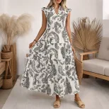 Casual Floral Print V Neck Short Sleeve Cake Dress Bohemian Style Perfect for Summer Vacations W