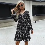 Fashion Womens Black Floral Print Long Sleeve V Neck Dress Stylish Elegant Versatile Perfect for