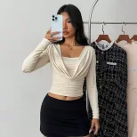 Y2K Style Short Knit Top Slim Fit Flowy Neckline Long Sleeve Spring Summer Casual Wear Wholesale