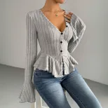 Elegant Womens T Shirt V Neck Ruffle Hem Slim Fit Spring Summer Fashion Wholesale Available