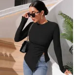 Womens Long Sleeve Irregular T Shirt Slim Fit Round Neck Fashionable Elegant Autumn Winter Colle