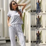 Two Piece Striped Casual Set Short Sleeve Round Neck Trendy Design Perfect for Summer Outings Wholesale Availabl