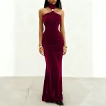 Velvet Backless Maxi Dress with Metal Buckle Waist Detail for Elegant Occasions in Red Sizes S to XL