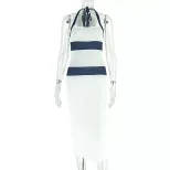 Slim Fit Halter Neck Dress Black and White Color Block Side Slit Design Casual Streetwear for Wo