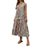 Vintage Bohemian Print Sleeveless Dress Stand Collar Drawstring Waist Relaxed Fit Perfect for Su