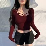 Wine Red Slim Fit T Shirt Sweet and Spicy Style Spring Summer U Neck Top for Women Wholesale Ava