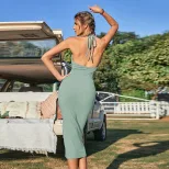 Womens Backless V Neck Bodycon Dress Ruching Detail Halter Neck Slim Fit Spring Summer Fashion W