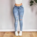 High Elasticity Skinny Jeans for Women Versatile Ripped Design Casual Wear Wholesale Available