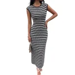 Casual Sleeveless Striped Knit Bodycon Dress Simple Style Round Neck Comfortable Fabric Perfect