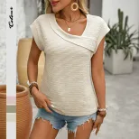 Womens Asymmetrical V Neck Top Simple Design Pleated Solid Color Casual Wear for Spring and Summ