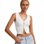 Summer Womens Crop Top Simple V Neck Sleeveless Slim Fit Polyester Casual Wear for Everyday Use