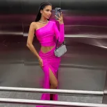 Off Shoulder Long Sleeve Hollow Out Bodycon Dress High Waist Solid Color Sexy Style Evening Part