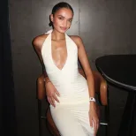 Womens Summer Elegant V Neck Halter Dress Slim Fit Solid Color Backless Design Perfect for Parti