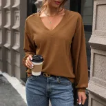 Womens Long Sleeve V Neck T Shirt Waffle Knit Fabric Autumn Fashion Wholesale Available bulk ord