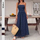 French Style Sleeveless Maxi Dress Polka Dot Design Elegant Vacation Wear Perfect for Summer Eve