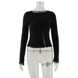 Fashionable Womens Long Sleeve T Shirt Sexy Design Round Neck Button Detail Casual Streetwear Wh