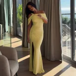 Slim Fit Solid Color Long Bodycon Dress with Asymmetrical Design Off Shoulder Neckline Split Det