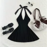 V Neck Halter Mini Dress Ruffled Hem Bow Tie Slim Fit Elegant Evening Wear Ready to Ship private
