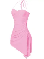 Halter Neck Ruched Bodycon Dress Side Slit Irregular Hem Slim Fit Night Out Party Wear Wholesale