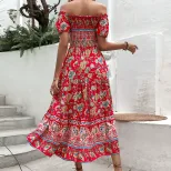 Vintage Bohemian Off Shoulder Printed Dress Summer Vacation Style Lightweight Fabric Comfortable