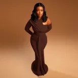 One Shoulder Long Sleeve Bodycon Dress Hollow Out Round Neck Solid Color Tie Detail Elegant Even