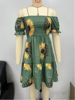 Short Sleeve Off Shoulder Ruched Floral Dress Waist Defined Elegant Design Perfect for Summer Ev