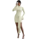 Fashionable Solid Color Bodycon Dress High Neck Flared Sleeves Slim Fit Casual or Evening Wear W