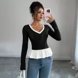 Color Block Long Sleeve T Shirt Slim Fit Lace Detail Round Neck Spring Summer Casual Wear Wholes