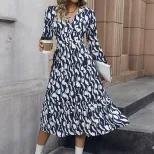 Womens Autumn Dress V Neck Irregular Hem Floral Print Casual Wear for Fall Wholesale Available