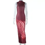 Sleeveless Stand Collar Dress Fashionable Floral Print Mid Length Sexy Elegant Bodycon Style Per