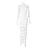 French Style Off Shoulder Bodycon Dress Pleated Design Solid Color Slim Fit Long Length Perfect